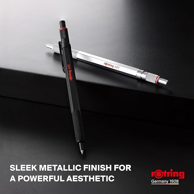 Rotring 600 Gel Pen | 0.55 mm | Black Ink | Black Metal Body Pen | Non-Slip Knurled Grip & Hexagonal Barrel | Refillable