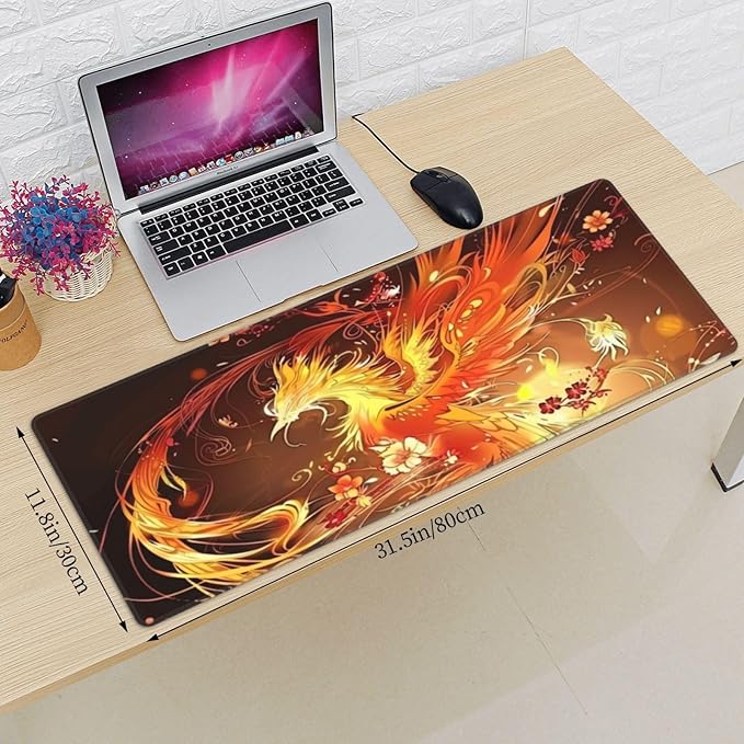 Gorgeous Phoenix Gaming Mouse Mat Extended Large XL Mouse Pad Desk Mat Non-Slip Rubber Mice Pads Stitched Edges for Office and Home,31.5 X 11.8 X 0.12 Inches