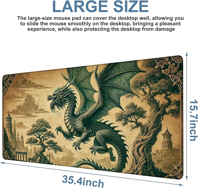 Vintage-Style Dragon Gaming Mouse Pad 3mm Thick Stitched Edge Waterproof Non-Slip Large Computer Keyboard Mouse Mat,Suitable for Office Entertainment Decorative Desk Pad 35.4 x 15.7 Inches