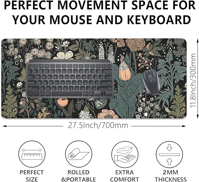 Dark Cottagecore Botanical Desk Pad Mouse Pad,Large Gaming Floral Mouse Mat with Stitched Edges,Non-Slip Waterproof Rubber Base Mousepad for Office Work Home Desk Mat(27.5X11.8 in)