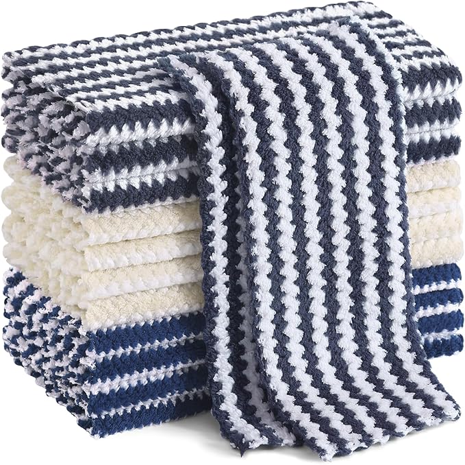 Homaxy 12 Pack Kitchen Dish Cloths, Ultra Soft and Absorbent Dish Towels, Reusable Fast Drying Microfiber Cleaning Cloth, Coral Velvet Wave Design No-lint, 10 x 10 inches, Dark Grey/Navy Blue/Beige