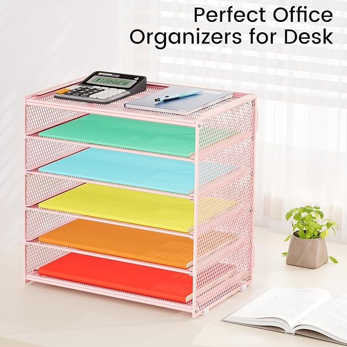 2 Pack 6 Tier Paper Organizer, Metal Mesh Desk File Folder, Letter Tray Organizer, Paper Sorter Desk Organizers for Office, Home or School File Folder Holder - Pink (Pink-2pack)