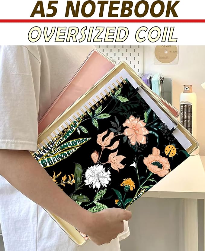 Spiral Notebook A5, Hardcover Journal for Women, 120 Pages Thick College Ruled Paper, Perfect for Office, School, or Home Use(Flowers on Black Background)