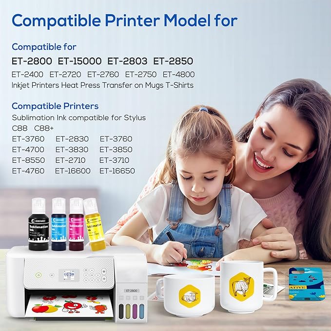 Sublimation Ink Refill Bottles Compatible for Epson Printers ET2800 ET2400 ET4800 ET15000 ET8550 ET2850 ET2803 ET3830 ET3850 ET4850 ET5800 Heat Press Transfer on Mugs T-Shirts(4 Pack)