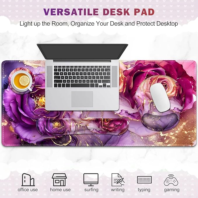 Gaming Mouse Pad, Large Desk Mat, Cute Desk Pad Protector, 4in1 XXL Mousepad + Keyboard Wrist Rest+Mouse Wrist Rest+Coaster Set with Ergonomic Desk Pad for Home Office PC, Marble Rose Purple Flowers