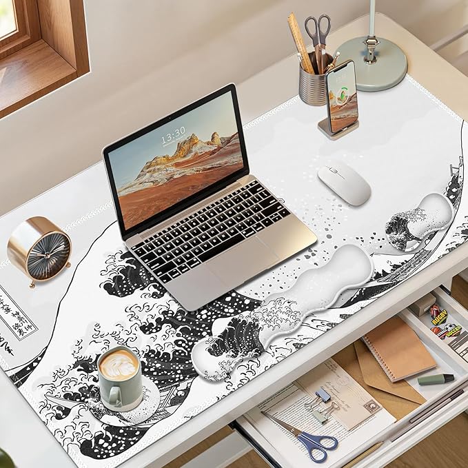 Gaming Mouse Pad Keyboard Wrist Support, 4 in1 Mousepad Set with Wrist Keyboard Rest, Computer Desk Mat, Non-Slip Desk Pad Protector with Memory Foam Easy Typing Pain Relief I Japanese Sea Wave