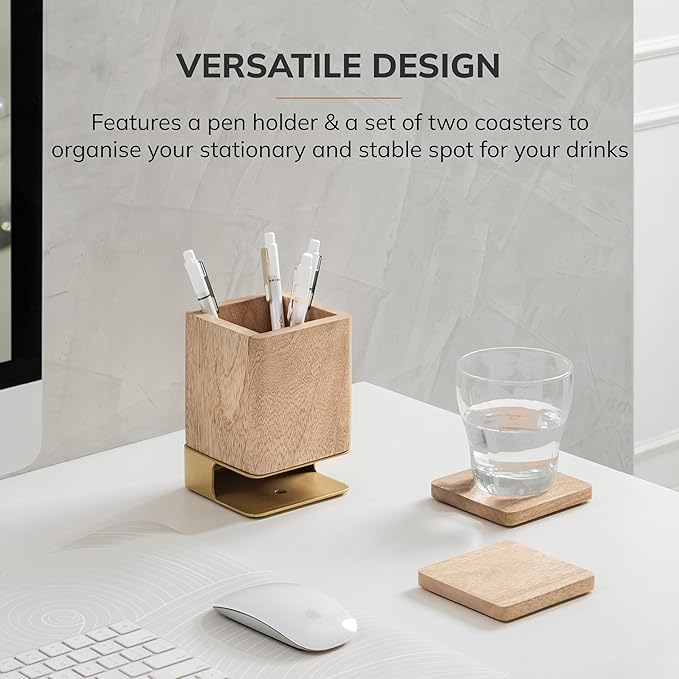 Anji Mountain Mango Wood Pen Holder with 2 Coasters, Stained Wood & Powder Coated Metal Pen Holder, Sustainable Room Decor Desk Organizer, Stylish Designer Pencil Case for Office Supplies