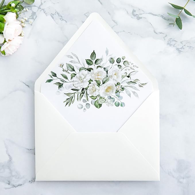 PONATIA 50PCS A7 Euro Flap Ivory Envelope, 5.25 x 7.25'' Flowers Liner Envelopes for Wedding Invitations, Photos, Postcards, Greeting Cards, Christmas Gift Cards, Acrylic Mailing, 5x7 Envelopes