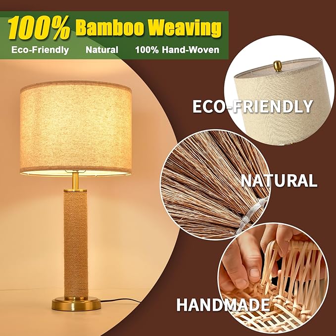 Boho Table Lamp for Bedroom, Brass Gold Wicker Table Lamp, Suitable for Small Space, Farmhouse Boho Lamp, Rustic Design Desk Lamp for Kitchen Counter, Bedside, Bedroom, Nightstands Decor