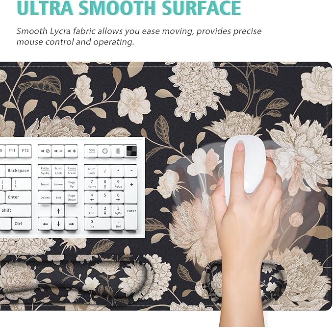 Floral Large Mouse Pad with Wrist Support Set of 4,Large Gaming Mouse Pad+Keyboard Rest+Mouse Wrist Rest+Coaster,Ergonomic Mouse mat,Anti-Slip,Memory Foam Desk Mat for Home Office Gaming (Rose)