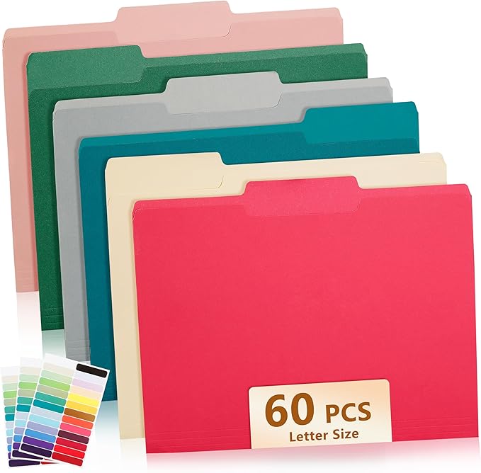 Color File Folders, 1/3-Cut Tabs, Letter Size, Assorted Colors Organizer File Folders for School Home Office Business (60, Assorted Colors)