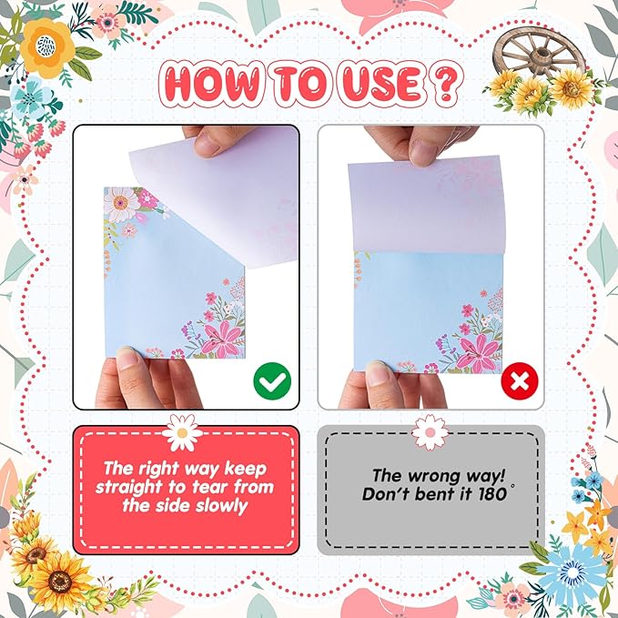 Sabary 9 Pads Cute Sticky Notes Animal Sticky Note Pads 3.15 x 3.94 Inches Colored Adhesive Memo Reminder Decor for Journal School Office Gifts(Flower)