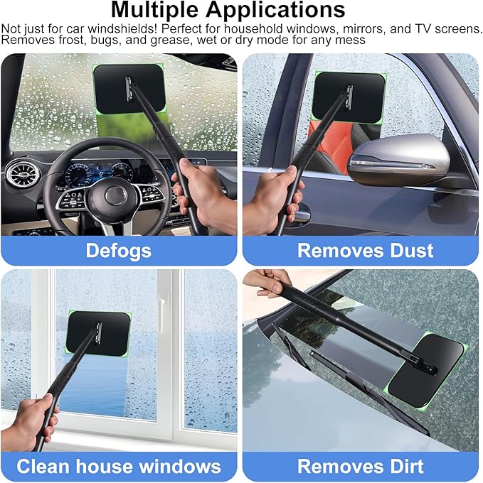 Windshield Cleaning Tool, Windshield Cleaning Wand Car Window Cleaner with 4 Washable Reusable Microfiber Pads, Detachable Long Handle Glass Wiper Cleaning Kit for Auto Glass, Trucks, SUVs, RVs, Home