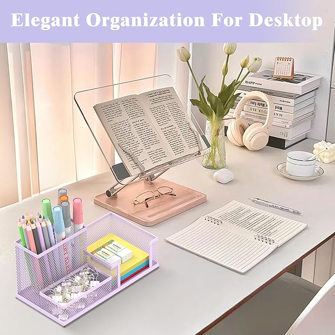 SUPEASY Mesh Pen Holder Desk Organizer, Office Supplies Pencil Storage with 3 Compartments, Office Desk Accessories and Workspace Organizers for Home School, Purple