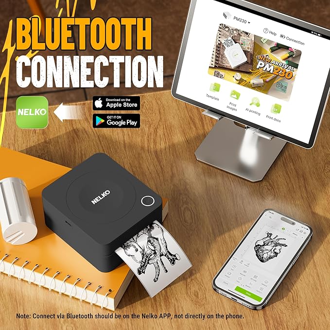 Nelko Sticker Printer, PM230 Print Pod Mini Bluetooth Portabel Sticker Maker with 3 Rolls Paper, Print Pods Mini Printer with Multiple Templates for Phone & Tablet，for School Office Home, Black