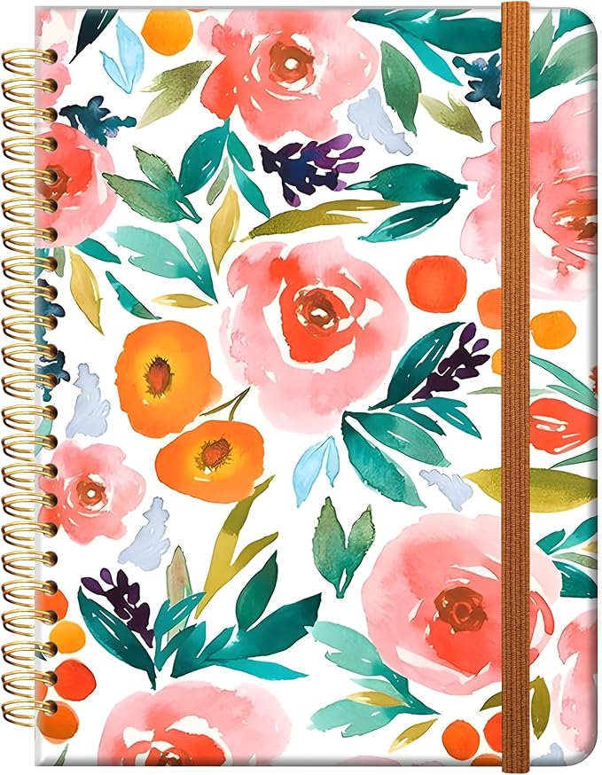Ruled Spiral Writing Notebook,A5 Hardcover Lined College Journal for Women,Strong Twin-Wire Binding with Premium Paper,8.4" X 6",Perfect for School,Office,Home(Pink Flowers)