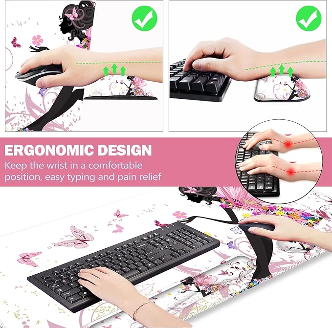 ARTSO Extended Gaming Mouse Pad Set, Keyboard Wrist Rest Support Pad + Wrist Cushion + XXL Large Mouse Pad + Coaster, Stitched Edge, Non-Slip, Memory Foam Desk Mat, Pink Butterfly Girl