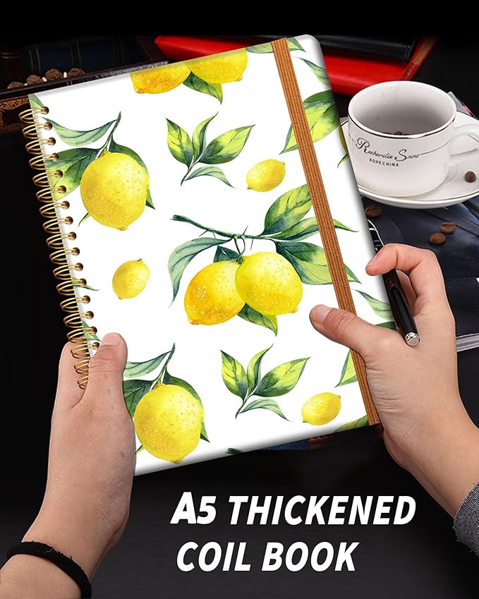 Ruled Spiral Writing Notebook,A5 Hardcover Lined College Journal for Women,Strong Twin-Wire Binding with Premium Paper,8.4" X 6",Perfect for School,Office,Home(Cute Lemon)