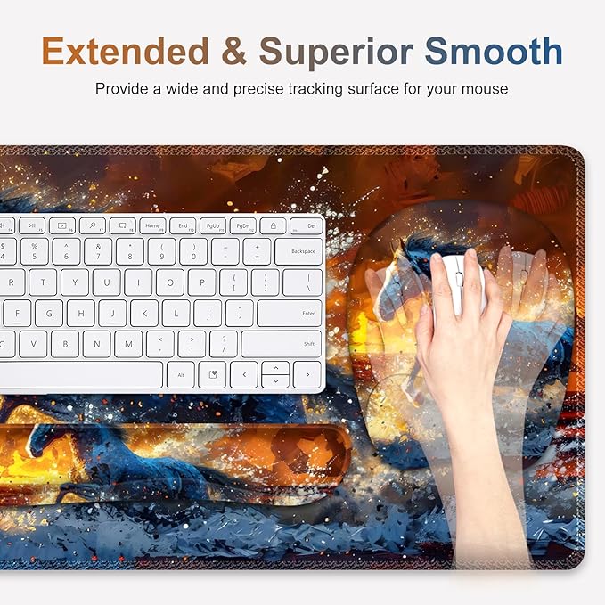 Large Mouse Pad, Keyboard Wrist Rest Set, Ergonomic Mouse Pad with Wrist Support, Desk Mat with Stitched Edges + Coaster, Extended Desk Pad Waterproof Desk Mat for Home Office Game I Running Horse