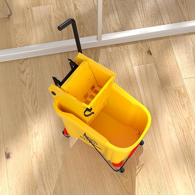 HOMCOM Mop Bucket with Wringer on Wheels for Floor Cleaning, 38 Quart Down Press Wringer with Handle and Mop, Yellow