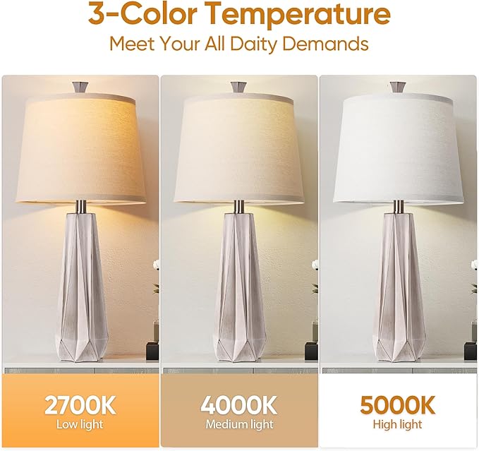 WIHTU 3 Color Temperature Table Lamps Set of 2, Beside Lamp with Linen Shade, 27'' Light Wood Color Modern Table Lamp for Living Room, Resin Desk Lamp for Nightstands Bedroom Decor (2 Bulbs Included)