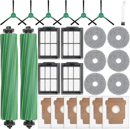 25 Pcs Replacement Parts for iRobot Roomba Plus 405 Combo/505 Combo /507 Combo Robot Vacuum Cleaner, Include 2 Main Brushes, 6 Dust Bags, 6 Mop Pads, 4 Filters, 6 Side Brushes and 1 Cleaning Tool