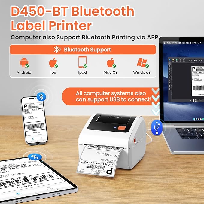 Bluetooth Thermal Shipping Label Printer - D450BT Thermal Label Printer 4x6 for Small Business & Shipping Packages, Compatible with iPhone, Android, iPad, Windows, macOS, USPS, Amazon, Tiktok