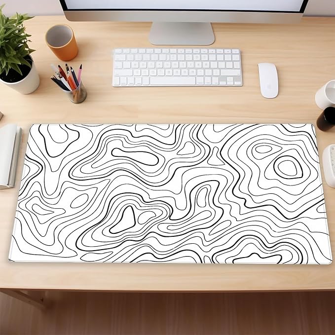 White Topographic Abstract Art Desk Mat - Large XL Gaming Mouse Pad with Stitched Edges, Full Desk Keyboard & Mouse Pad for PC, Laptop, Office Decor (31.5"x15.7")