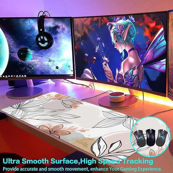 Large Gaming Mouse Pad for Desk, Abstract Flowers and Leaves Desk Mat for Desktop, Non-Slip Rubber Base Stitched Edges Long Computer Keyboard Mouse Mat Desk Pad for Home Office Gaming 35.4"X15.7"