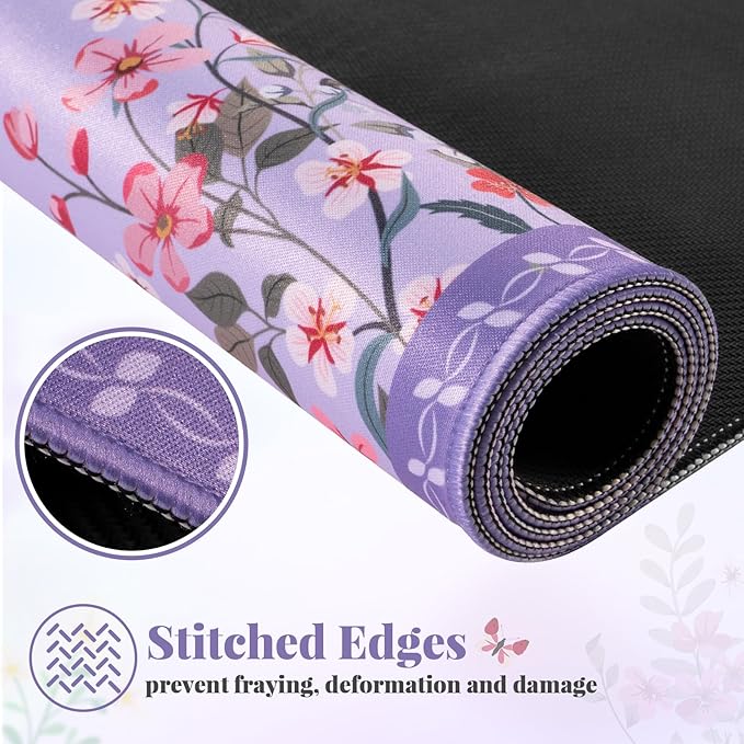 HAOCOO Purple Desk Mat for Keyboard and Mouse, Floral Keyboard Mat with Edge Stitching, Non-Slip Large Mouse Pad for Desk for Gaming,Women Office