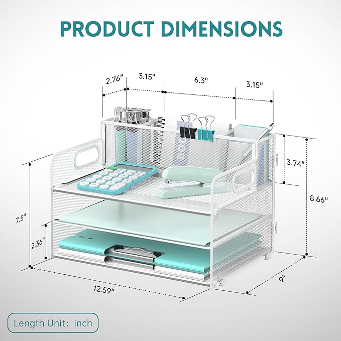 SUPEASY 3 Tier Desk Organizer with Handle & 3 Pen Holders, Mesh Paper/File Organizer for Desk, Paper Letter Tray Organizer for Office Supplies (White), 1 Pack, 3CST-3PH