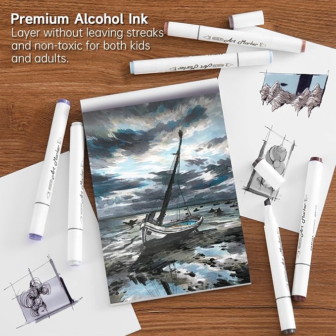 Shuttle Art 15 Colors Grey Tones Dual Tip Art Marker, Alcohol Based Marker Pens Double Ended with Fine and Chisel Point Tips Perfect for Drawing,Shading,Sketching,Designing,Outlining,Illustrating