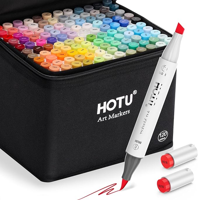 Alcohol Markers Brush Tip-120 Colors Dual Tip Art Markers for Adult Coloring, with Pro Ink, Seamless Blend, Non-Bleeding Pad & Color Card, Pens for Amateurs/Artists (Brush & Chisel Tip)