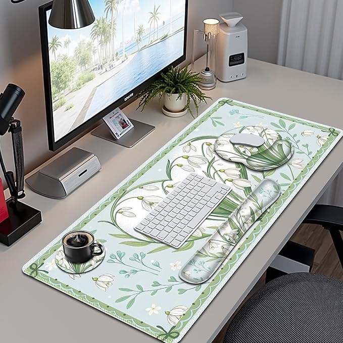 Floral Desk Mat, 4in1 Large Mouse Pad with Wrist Rest, Desk Matt for Desktop, Desk Pad Mat, Anti-Slip XXL Big Computer Ergonomic Mousepad with Wrist Support for Keyboard and Mouse I Green Flower Heart