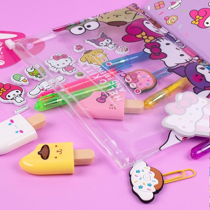 Hello Kitty 22-Piece Kawaii Stationery Set, Cute School Supplies, Sanrio Accessories, Includes Notebook, Squishy Stickers, Sanrio Pens, Travel-Friendly, Easy Storage, Collectible, Unisex, Ages 4+
