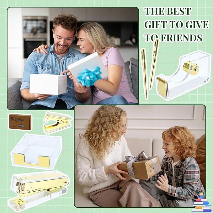 Buqoo Gold Acrylic Sticky Notes Holder Stapler and Tape Dispenser Cutter with Staple Remover, Sticky Notes, Paper Clips, Scissor, Ballpoint Pen for School Home N Office Supplies