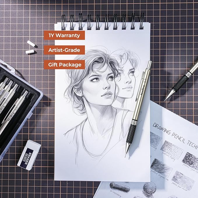 Nicpro 0.5 mm Art Mechanical Pencils Set in Gift Case, 6 PCS Metal Drafting Pencil 0.5mm with 6 Tube HB Lead Refills & 18 PCS Eraser Refills for Adults, Children, Artist Writing, Drawing, Sketching