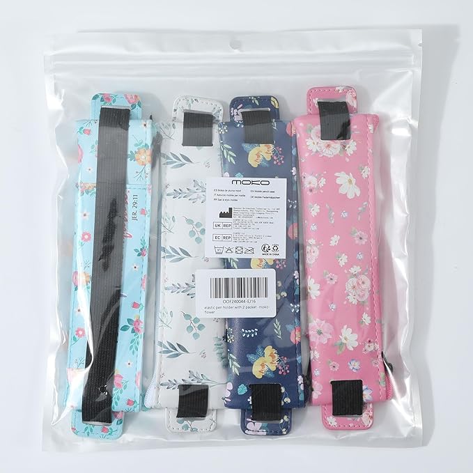 MoKo Elastic Pen Holder for Notebook, 4 Pieces PU Leather Pencil Case with Pocket Adjustable Band, Stationery School Supplies Zipper Bag for Planners, Journals, Book