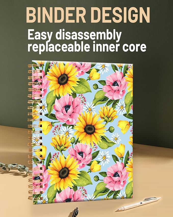 Spiral Journal Notebook for Women,A5 College Ruled Notebooks 6"x 8.4",120 Pages Lined Journal with Premium Thick Paper,Perfect for School Office Home Gifts(Sunflower Daisy)