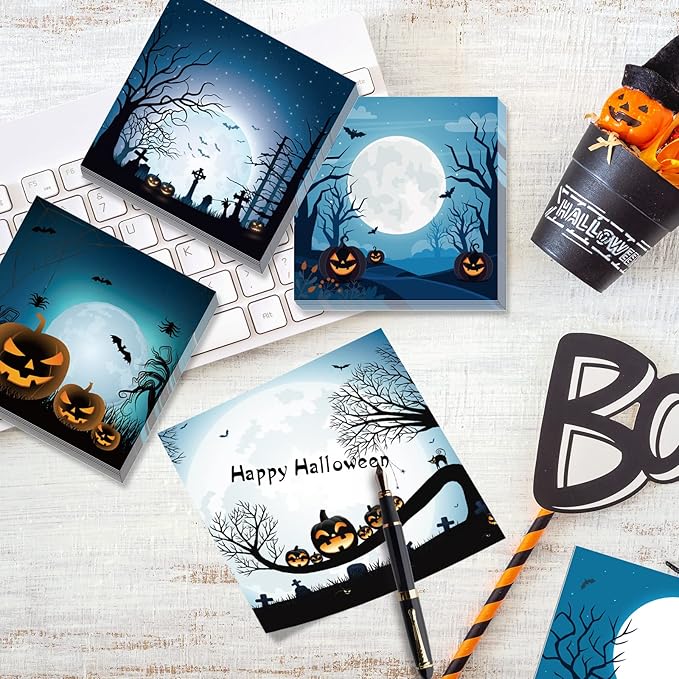 9 Pieces Halloween Sticky Note Halloween Spider Note Pads with Pumpkin Bat 450 Pieces of Self Adhesive Removable Memo Pads, 50 Sheets Each for Halloween School Office Home Students Teacher Presents