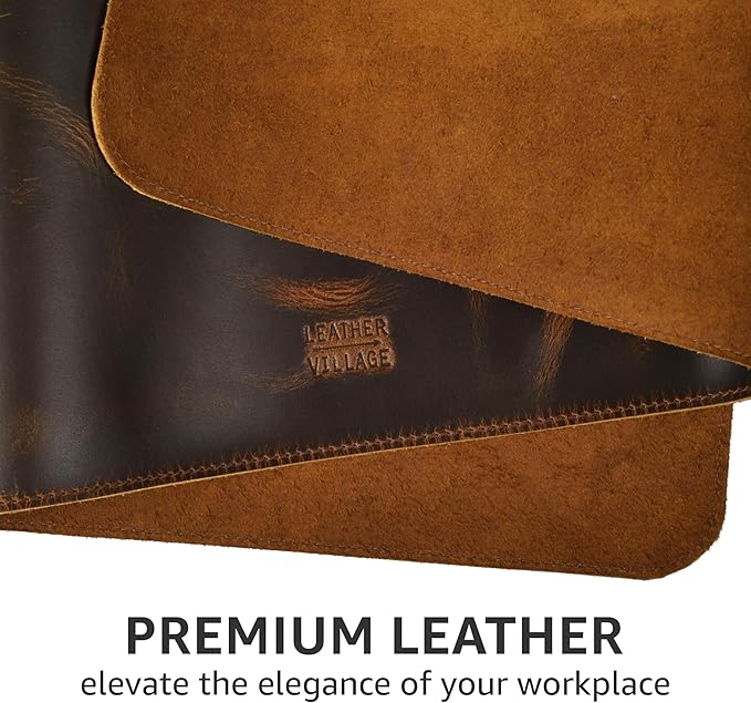 LEATHER VILLAGE -32X16 Real Leather Desk Mat for Desktop & Laptop, with Leather Tray & Tea Coaster, 3mm Thick Desk Cover-Protector-Blotter- Brown Color