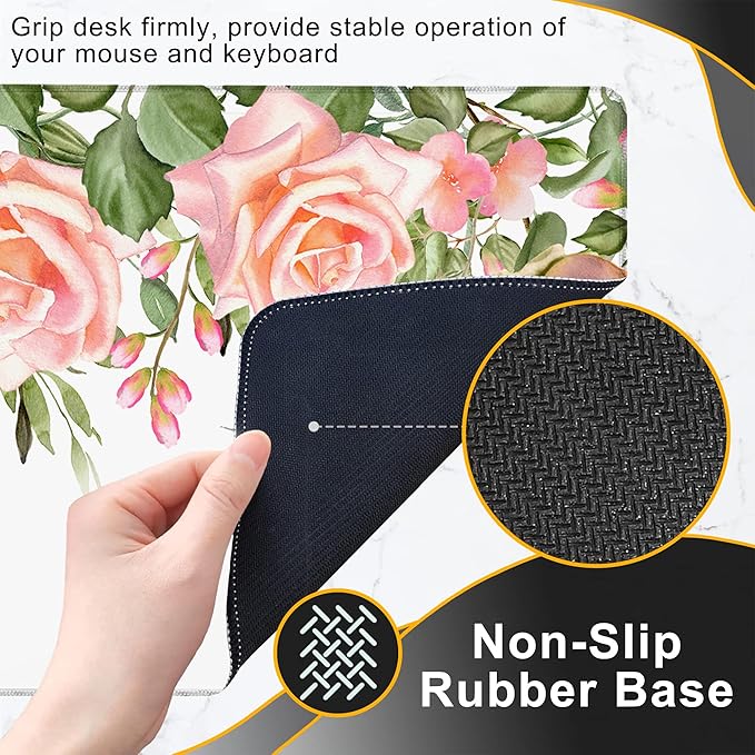 Gaming Mouse Pad, Watercolor Rose Flower Floral Large Desk Mat for Keyboard and Mouse,Non-Slip Rubber Base and Stitched Edges Desk Pad for Home Office 35.4x15.7in