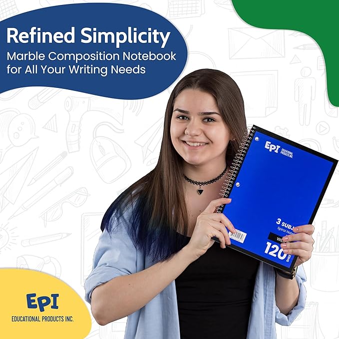 EPI Spiral Notebook | 3 Subject - Wide Ruled - 120 Sheets, Durable Spiral Binding | 10.5 x 8 in | Classroom Supplies | School, Office, Note Taking, Journaling - 12 Pack