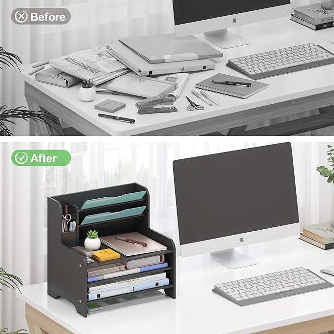 Bamboo Desk Organizer Mail Holder Countertop Letter Tray File Desktop Mail Holder Countertop Organizer for Desktop Letter Sorter Paper File Storage for School Home Office Supplies