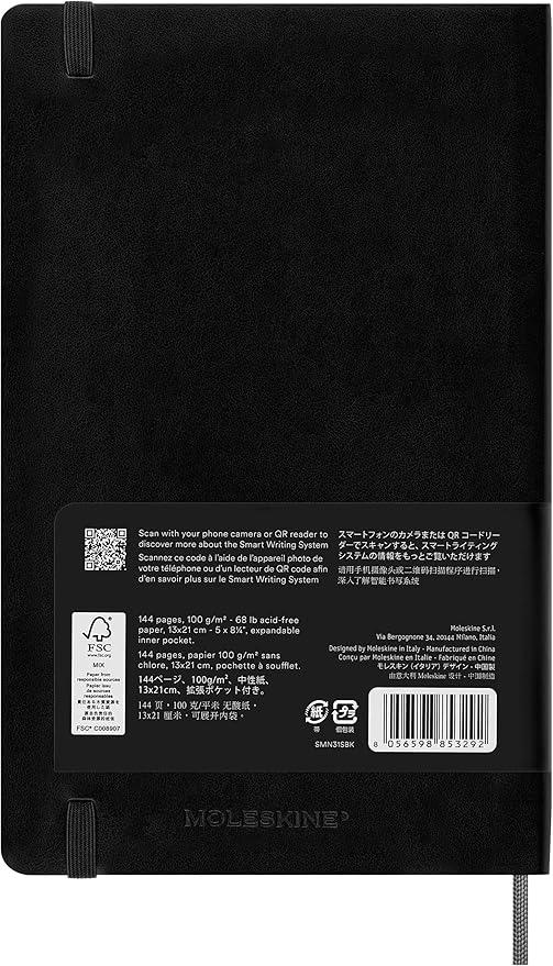 Moleskine Smart Notebook, Large, Ruled, Black, Soft Cover (5 x 8.25)