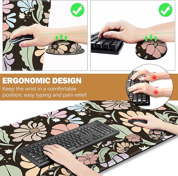 ARTSO Keyboard Wrist Rest Large Mouse Pad Wrist Support,Black Floral 4in1 Keyboard Pad Desk Mat,Ergonomic Memory Foam Wrist Support Cushion for Home Office