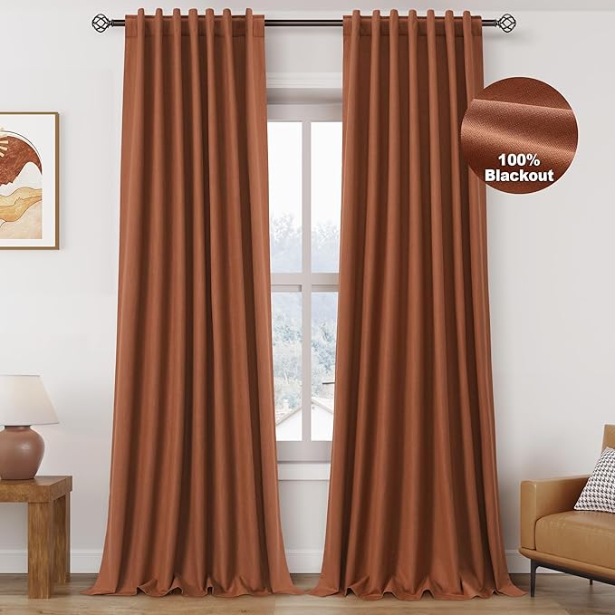 Terracotta Linen Blackout Curtains 120 Inch Length 2 Panels Set Extra Long 10 Ft Back Tab Pocket Drapes Thermal Insulated Total Blocking Curtains for Dining Room Cottage High Window Curtain 52x120
