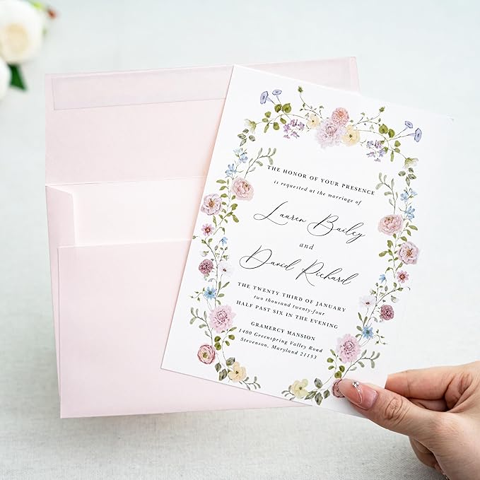 PONATIA 50 PCS 5x7 Envelopes, Blush Pink Self- Adhesive A7 Envelopes for Weddings, Invitation Cards, Photos, Postcards, Greeting Cards Mailing, Baby Shower, Graduation, Christmas Gift Cards