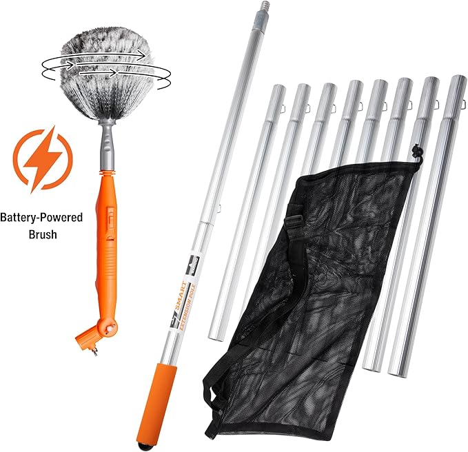 EZ Smart Powered Cobweb & Ceiling Fan Duster with 16ft Rigid Extension Pole – Adjustable Arm, Removable Washable Head, Interior & Exterior Use – Handheld or Pole-Mounted Cleaning Tool