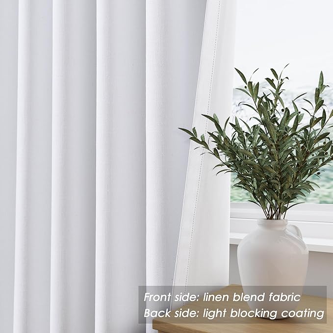Full Blackout Linen White Curtains, 94 Inches Long for Living Room Patio Sliding Door Back Tab 100% Black Out Bedroom Curtains Pure White Boho Elegant Modern Cosatal Window Curtain Panels Set of 2